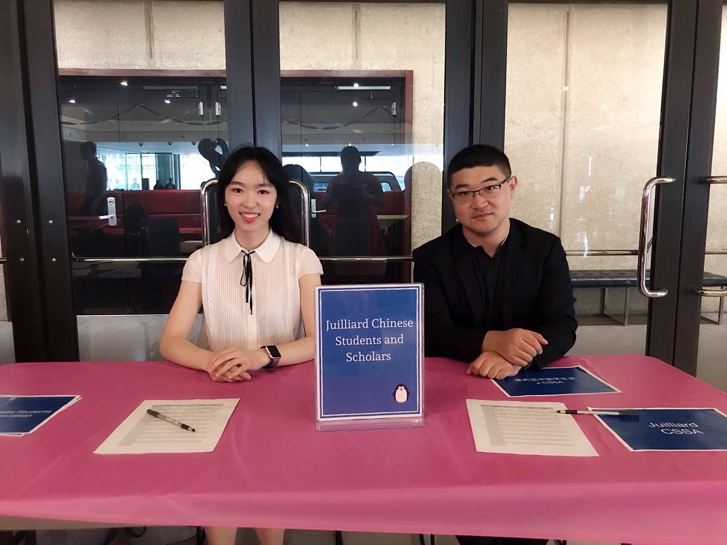 From left to right: Yilun Xu and Duanduan Hao representing the Juilliard CSSA at a campus event. Photo credit: Yilun Xu