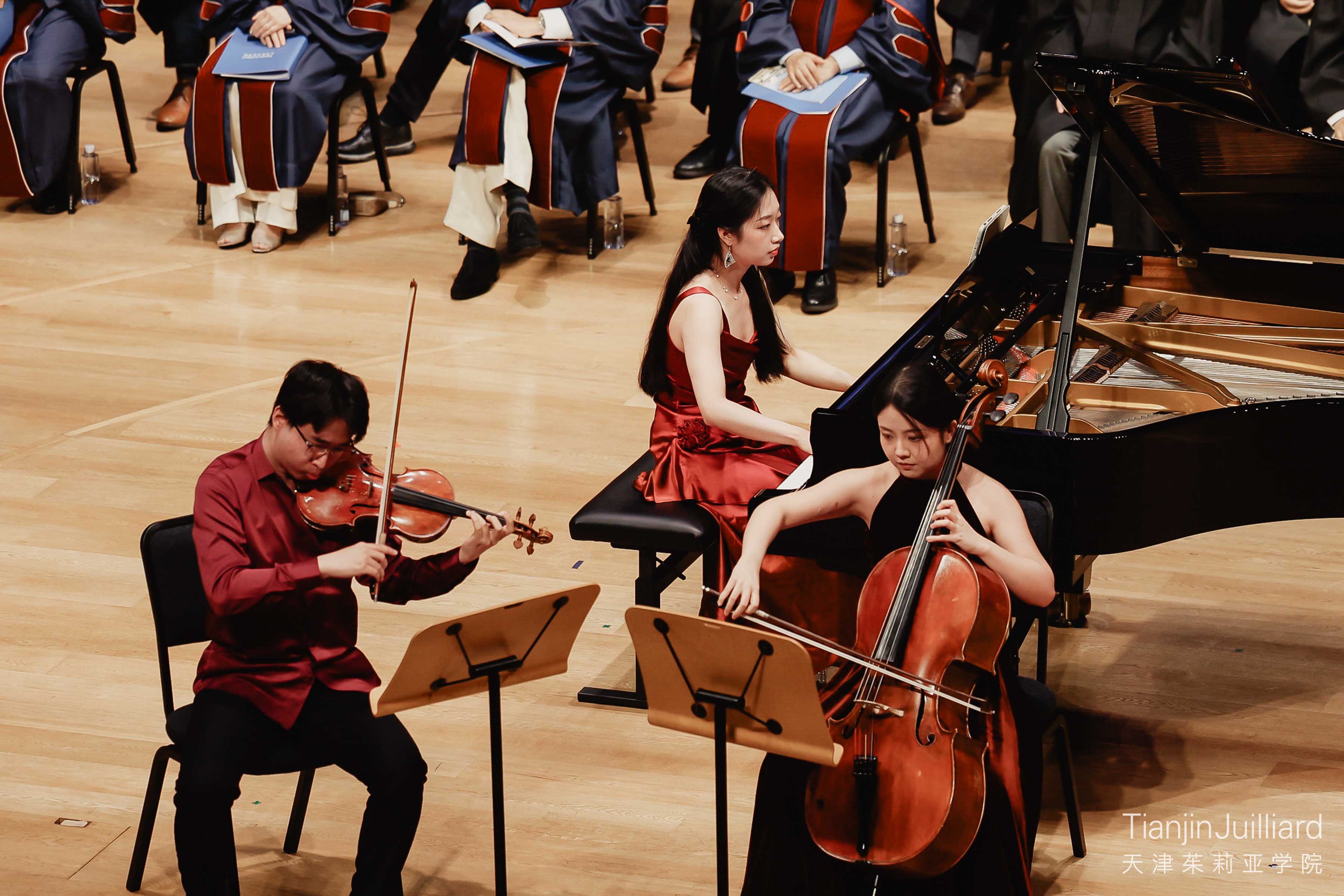  The first interlude featured Ruisheng Wang, violin, Xinyu Zhao, cello, and Xuan Zhang, piano, performing the opening movement of Paul Schoenfield’s Café Music, a piece drawing from eclectic folk and popular musical influences.