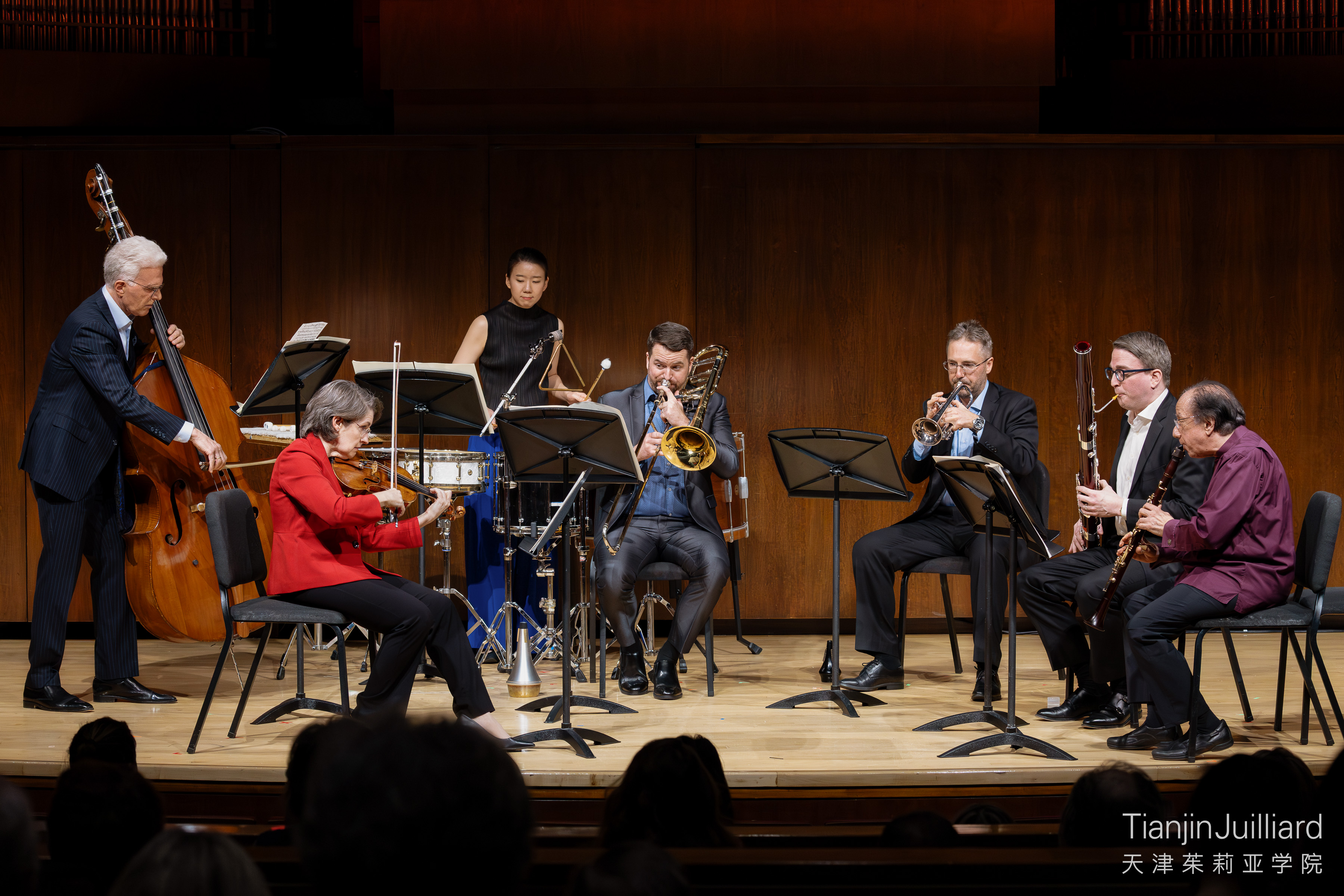 Lee Allen (center) performing at the Juilliard and Tianjin Juilliard Joint Faculty Recital at The Juilliard School in February 2026.
