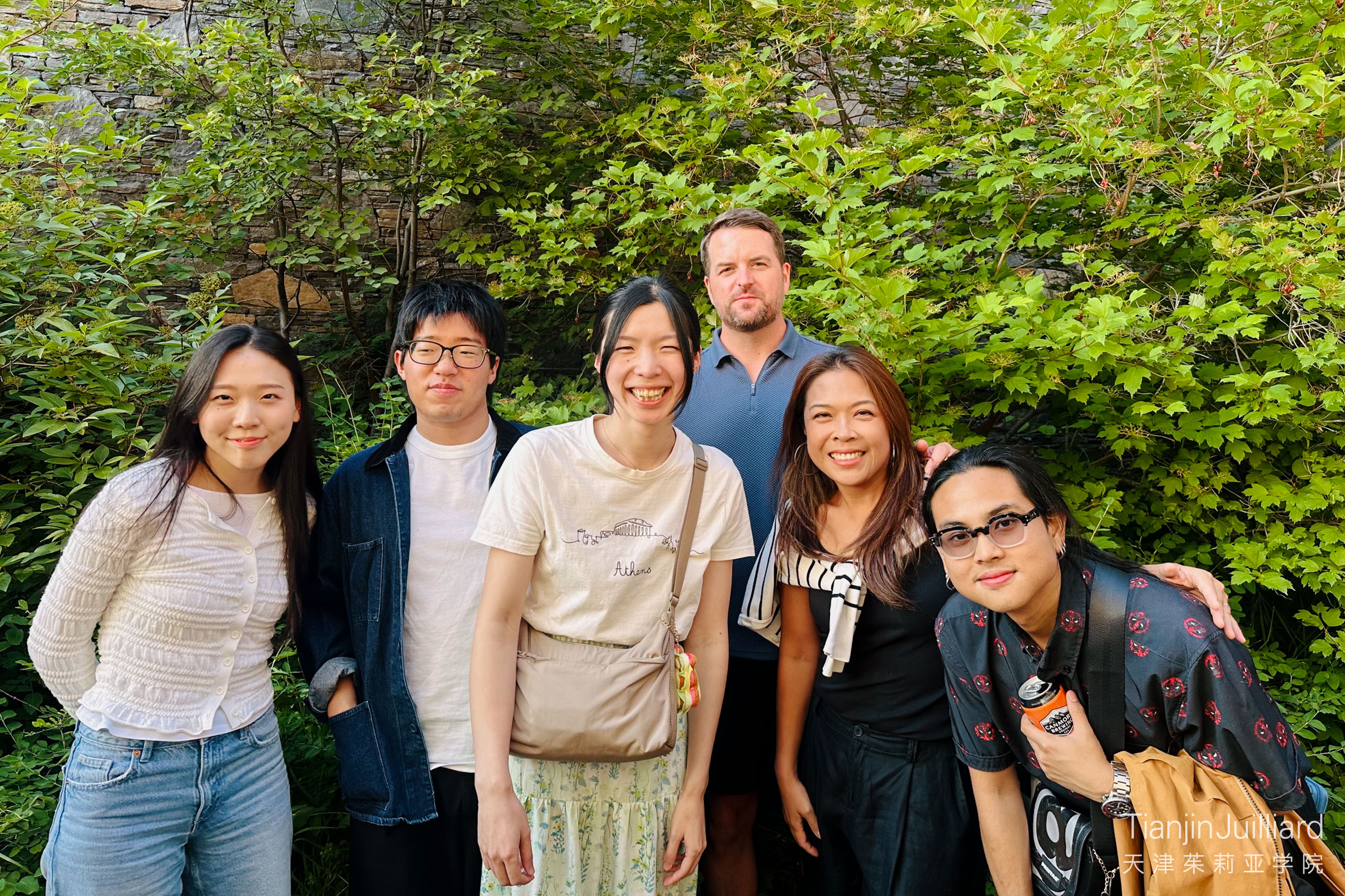 Lee Allen (third from right) with resident faculty Allie Su (second from right) and four Tianjin Juilliard alumni in Banff.